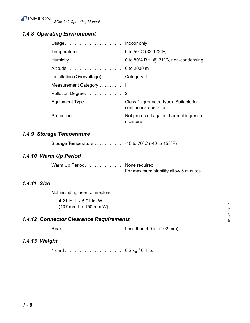 8 operating environment, 9 storage temperature, 10 warm up period | 11 size, 12 connector clearance requirements, 13 weight | INFICON SQM-242 Thin Film Deposition Controller Card Operating Manual User Manual | Page 20 / 108