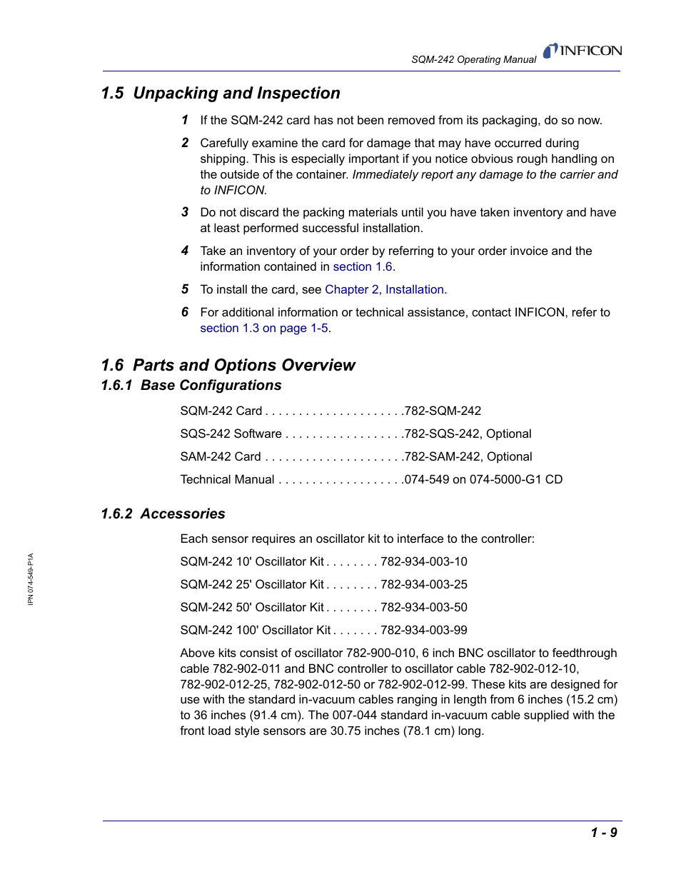 5 unpacking and inspection, 6 parts and options overview, 1 base configurations | 2 accessories | INFICON SQM-242 Thin Film Deposition Controller Card Operating Manual User Manual | Page 21 / 108