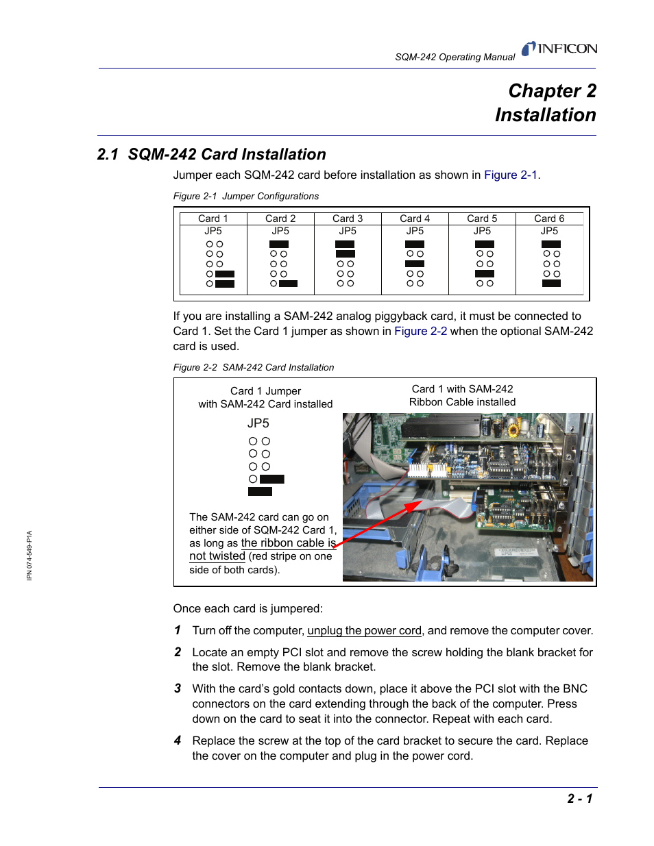 Chapter 2 installation, 1 sqm-242 card installation, Chapter 2 | Rd, see, Chapter 2, installation | INFICON SQM-242 Thin Film Deposition Controller Card Operating Manual User Manual | Page 23 / 108