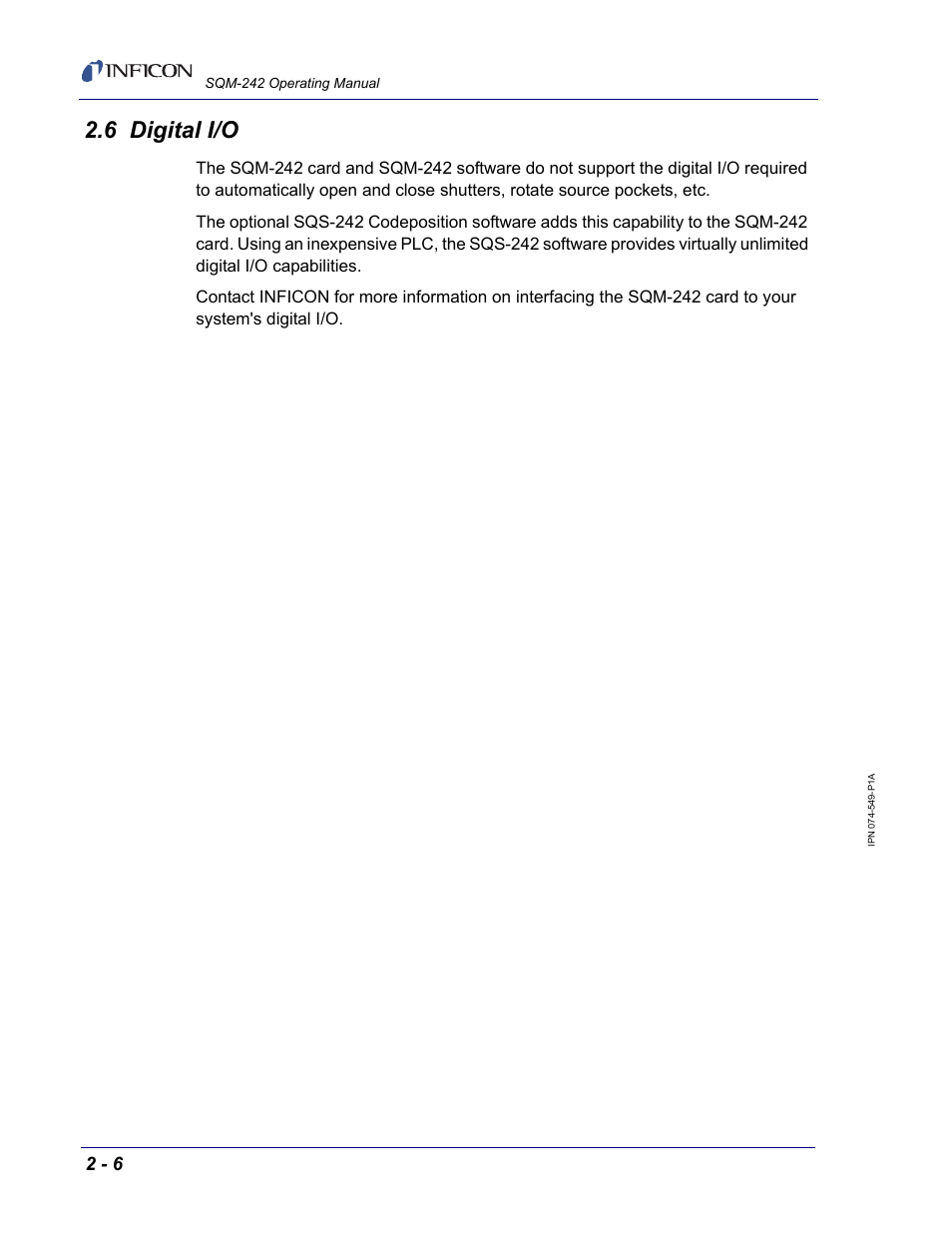 6 digital i/o | INFICON SQM-242 Thin Film Deposition Controller Card Operating Manual User Manual | Page 28 / 108