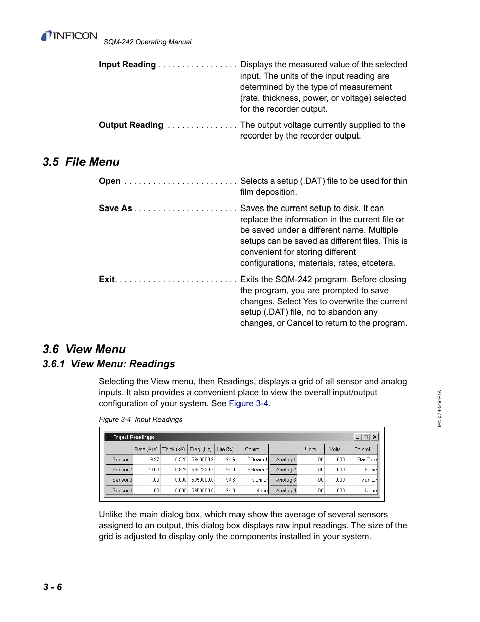 5 file menu, 6 view menu, 1 view menu: readings | INFICON SQM-242 Thin Film Deposition Controller Card Operating Manual User Manual | Page 34 / 108