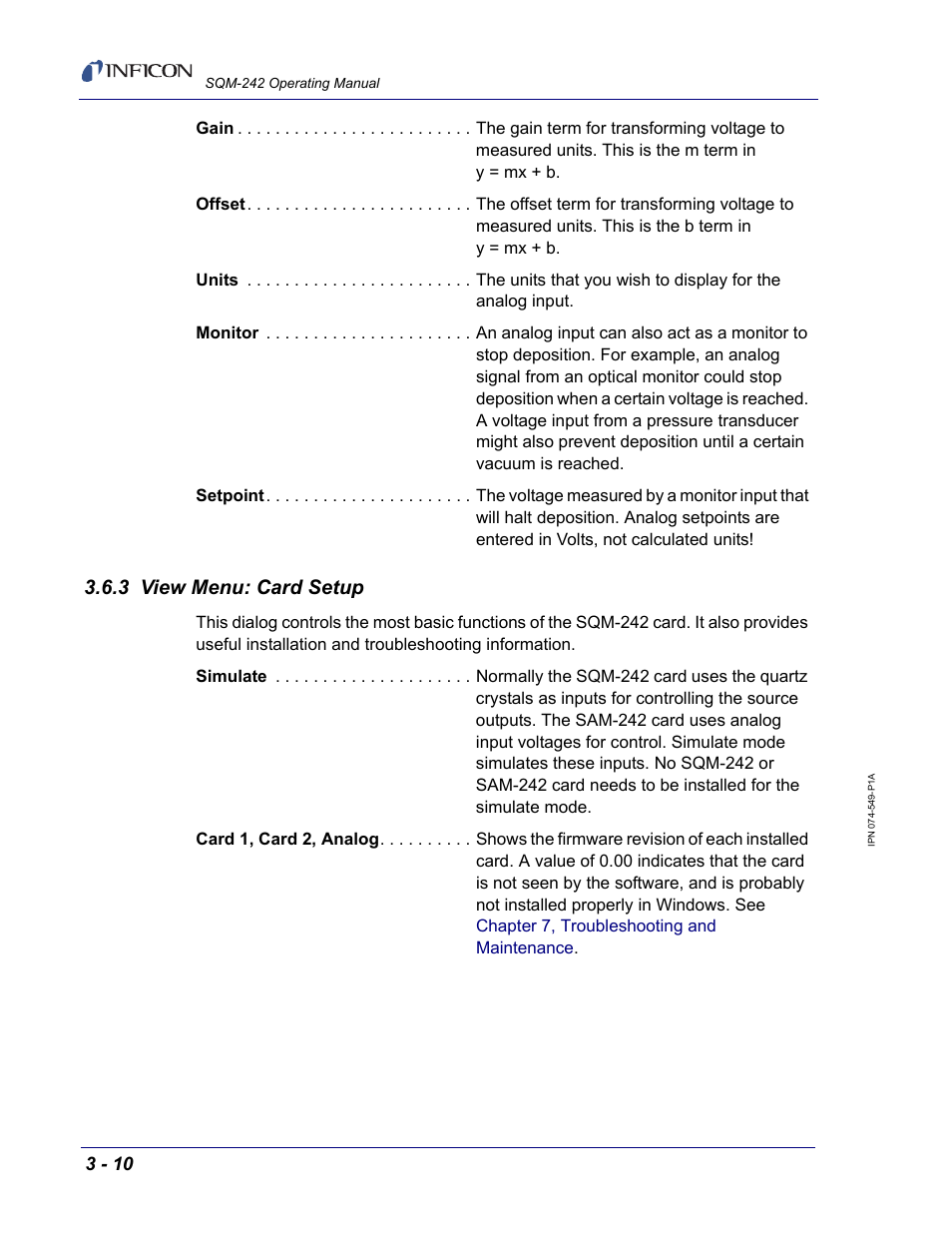 3 view menu: card setup | INFICON SQM-242 Thin Film Deposition Controller Card Operating Manual User Manual | Page 38 / 108