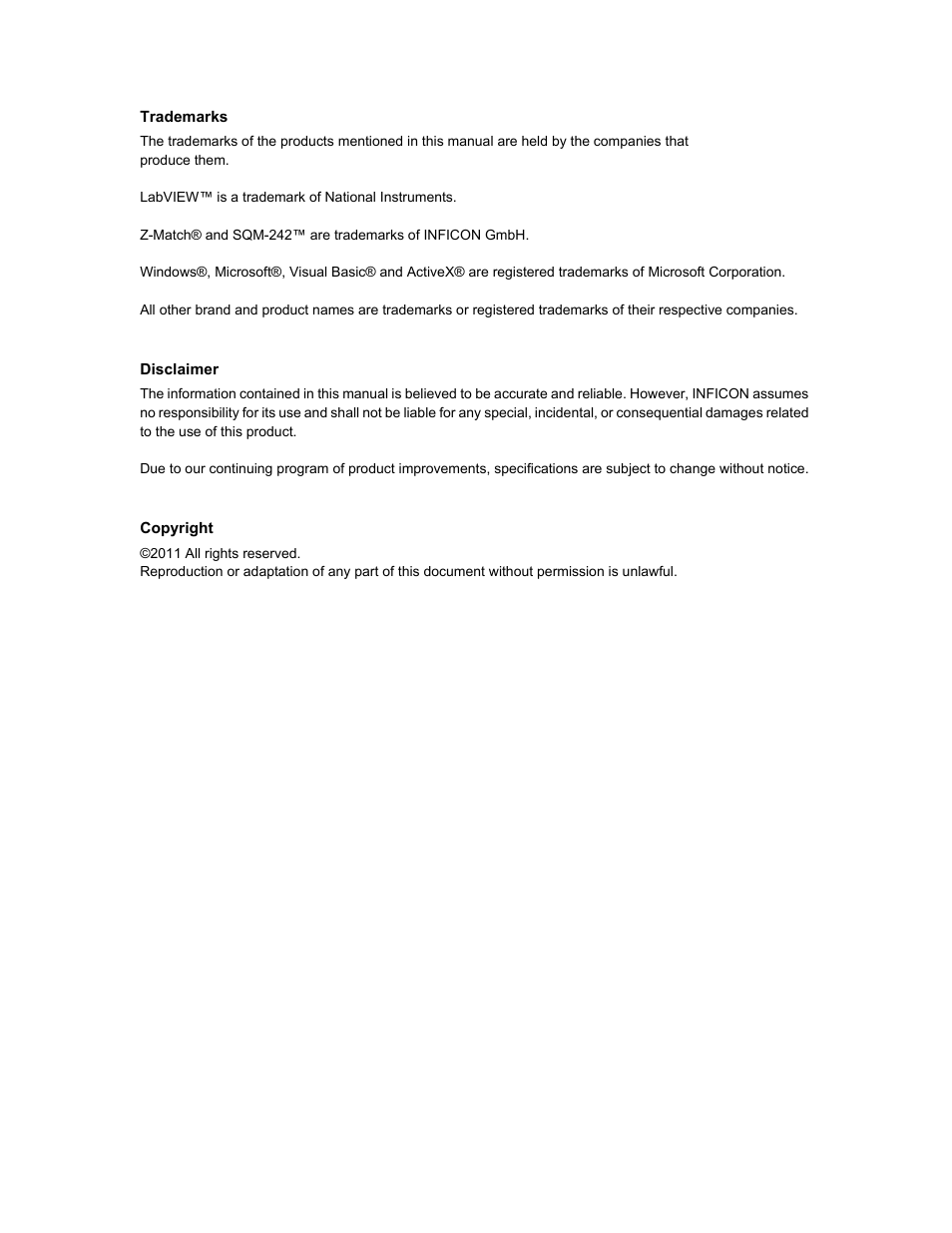 Trademarks, Disclaimer, Copyright | INFICON SQM-242 Thin Film Deposition Controller Card Operating Manual User Manual | Page 4 / 108