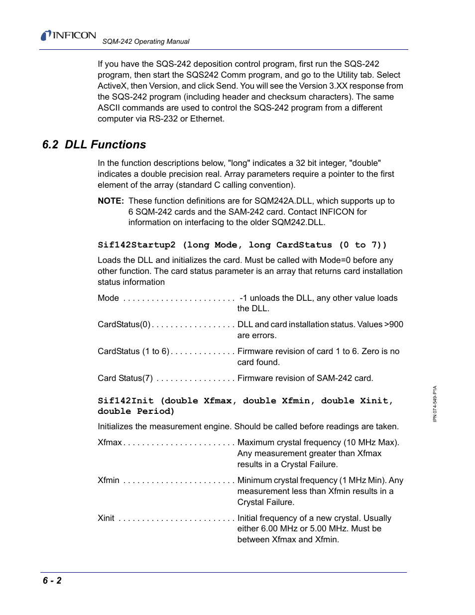 2 dll functions | INFICON SQM-242 Thin Film Deposition Controller Card Operating Manual User Manual | Page 48 / 108