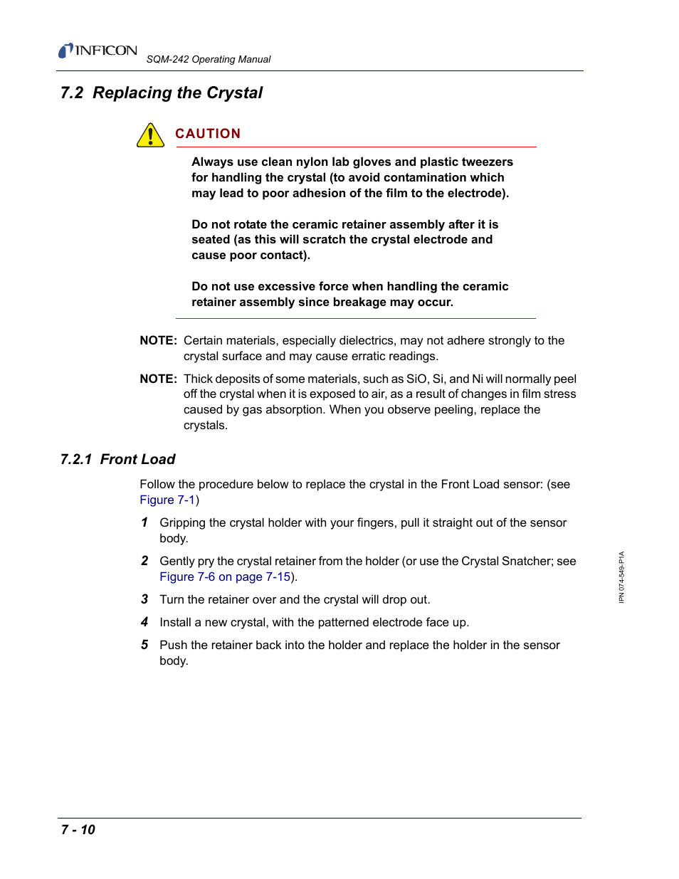 2 replacing the crystal, 1 front load | INFICON SQM-242 Thin Film Deposition Controller Card Operating Manual User Manual | Page 64 / 108