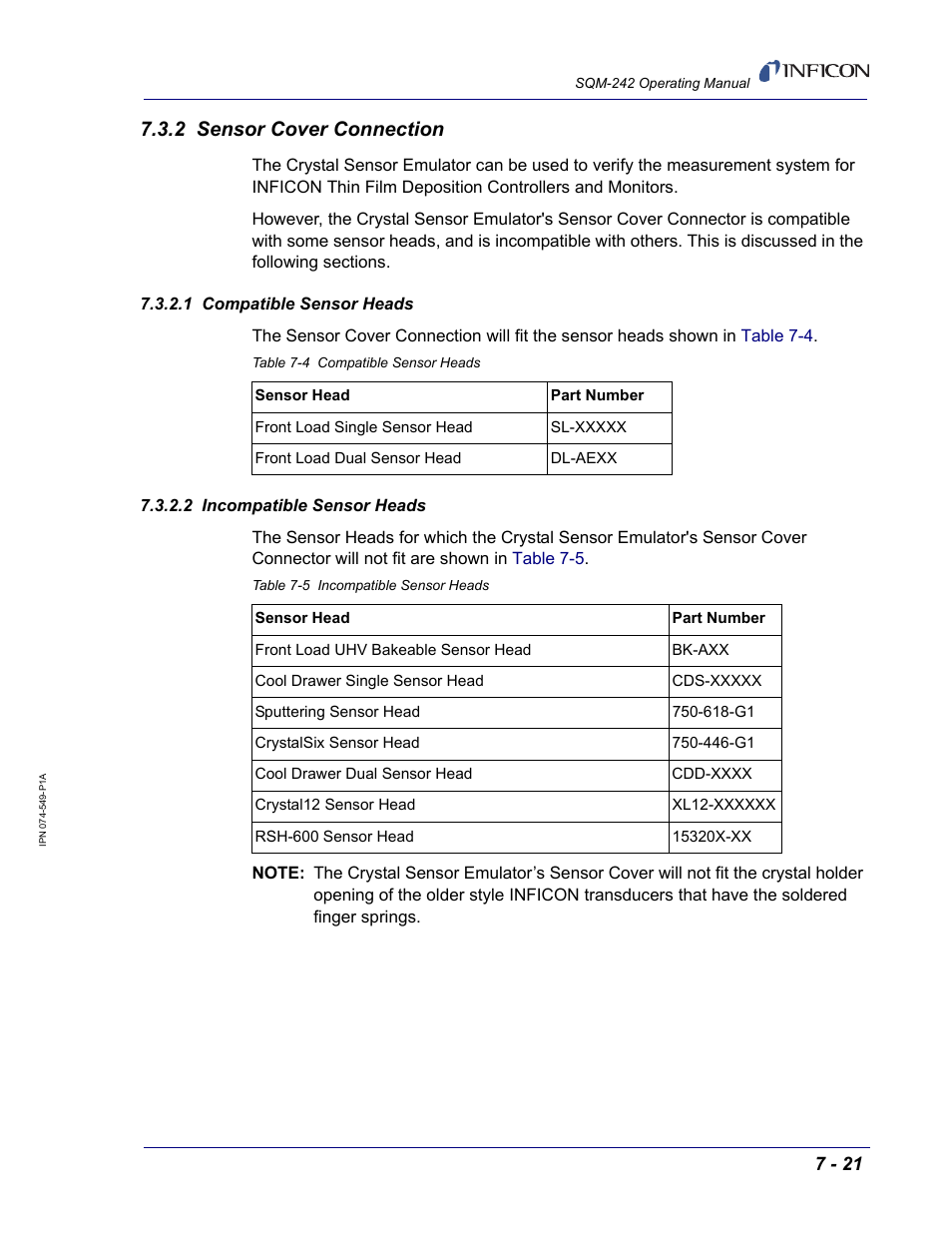 2 sensor cover connection, 1 compatible sensor heads, 2 incompatible sensor heads | INFICON SQM-242 Thin Film Deposition Controller Card Operating Manual User Manual | Page 75 / 108