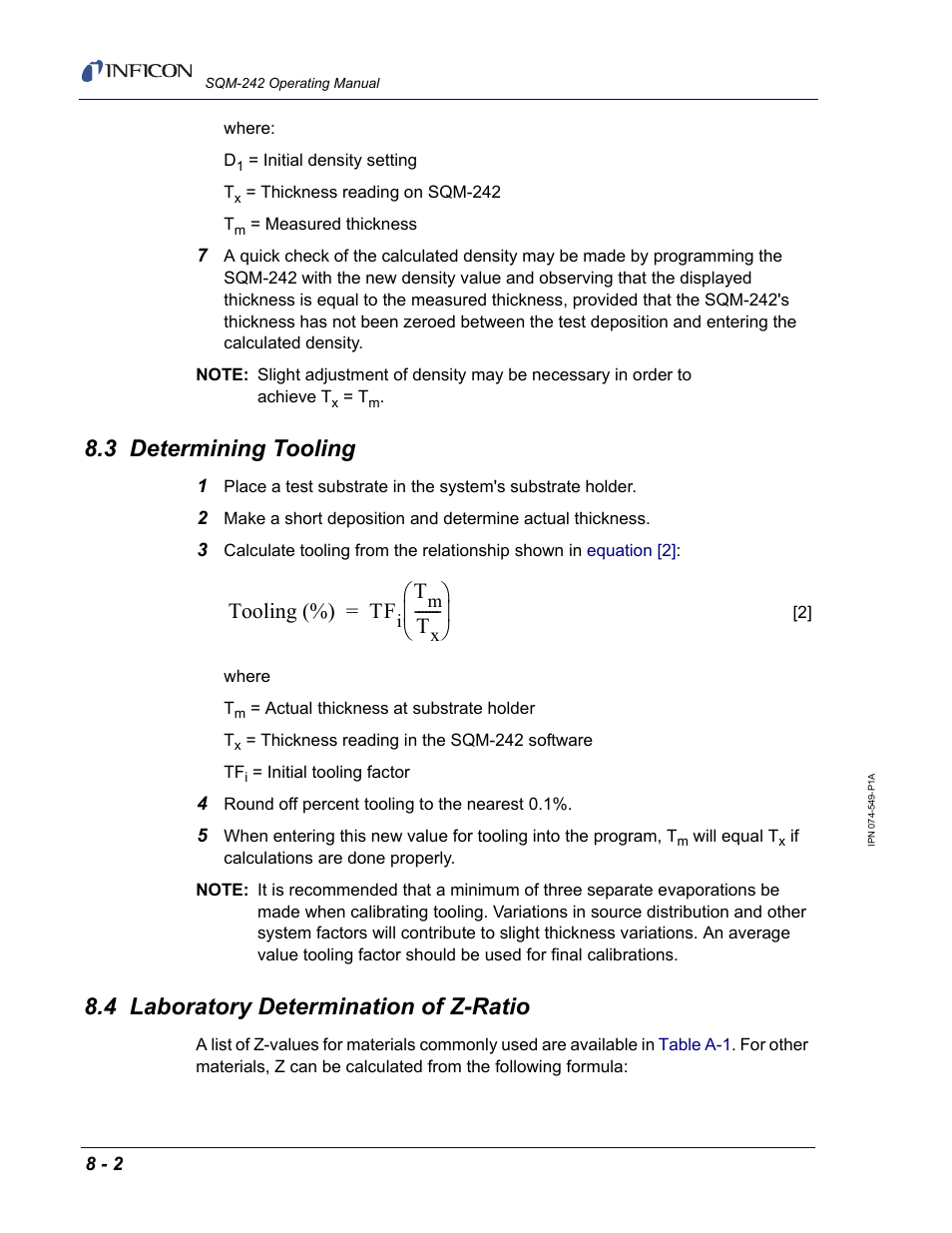 3 determining tooling, 4 laboratory determination of z-ratio, Tooling (%) tf | INFICON SQM-242 Thin Film Deposition Controller Card Operating Manual User Manual | Page 78 / 108