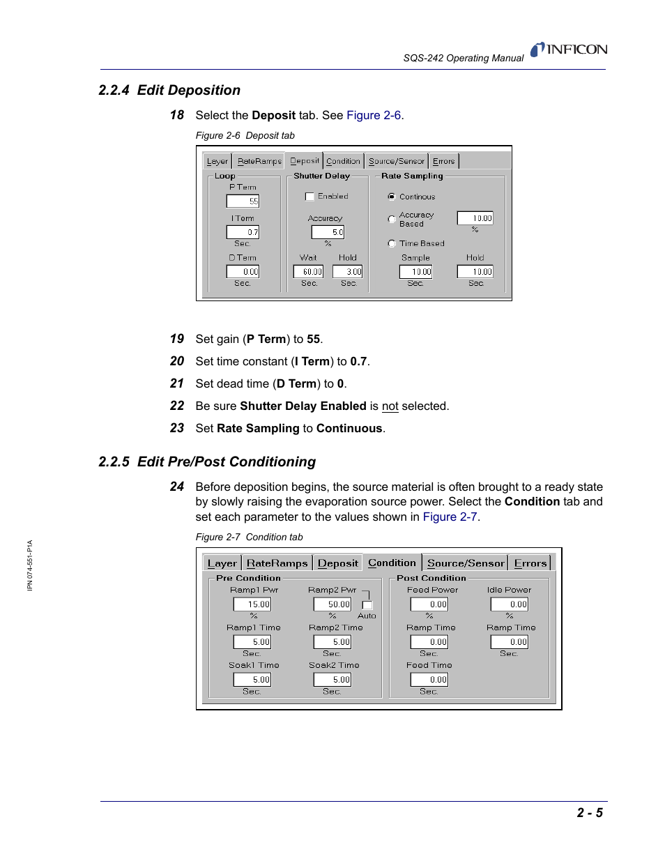 4 edit deposition, 5 edit pre/post conditioning | INFICON SQM-242 Thin Film Deposition Controller Card Software Operating Manual User Manual | Page 19 / 84