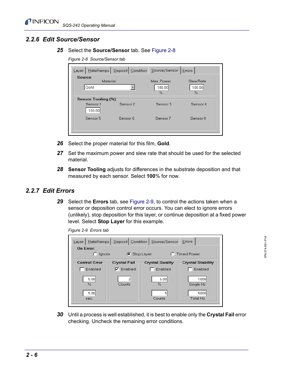 6 edit source/sensor, 7 edit errors | INFICON SQM-242 Thin Film Deposition Controller Card Software Operating Manual User Manual | Page 20 / 84