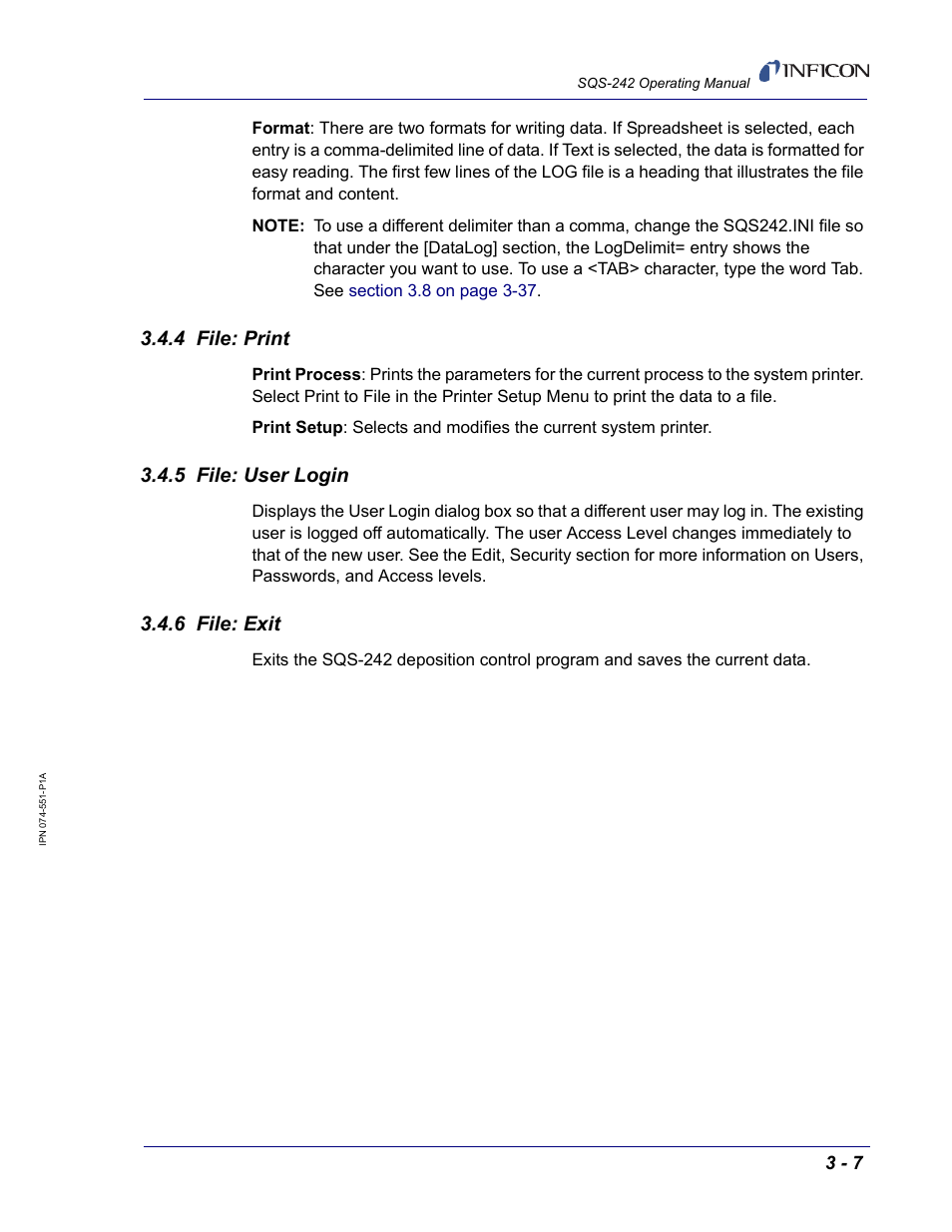 4 file: print, 5 file: user login, 6 file: exit | INFICON SQM-242 Thin Film Deposition Controller Card Software Operating Manual User Manual | Page 37 / 84