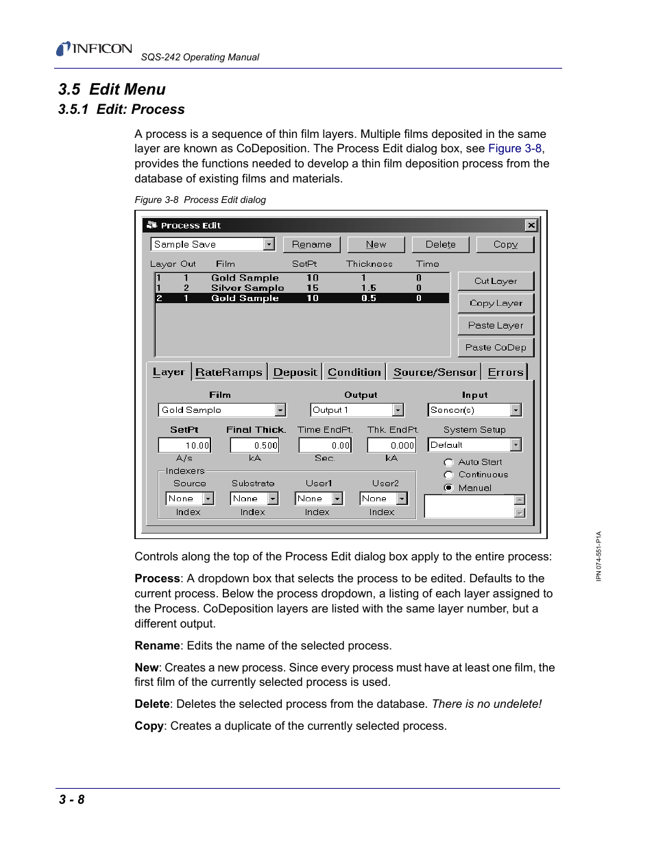 5 edit menu, 1 edit: process | INFICON SQM-242 Thin Film Deposition Controller Card Software Operating Manual User Manual | Page 38 / 84