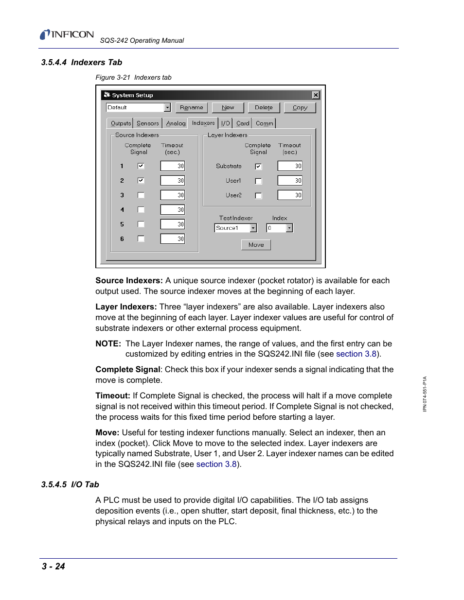 4 indexers tab, 5 i/o tab | INFICON SQM-242 Thin Film Deposition Controller Card Software Operating Manual User Manual | Page 54 / 84