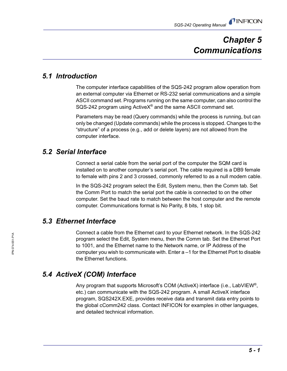 Chapter 5 communications, 1 introduction, 2 serial interface | 3 ethernet interface, 4 activex (com) interface, Chapter 5 | INFICON SQM-242 Thin Film Deposition Controller Card Software Operating Manual User Manual | Page 75 / 84
