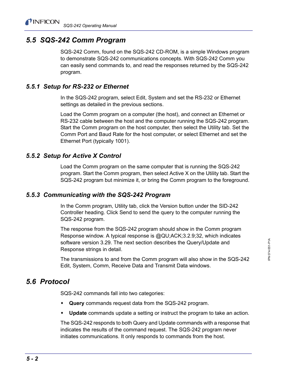 5 sqs-242 comm program, 1 setup for rs-232 or ethernet, 2 setup for active x control | 3 communicating with the sqs-242 program, 6 protocol | INFICON SQM-242 Thin Film Deposition Controller Card Software Operating Manual User Manual | Page 76 / 84