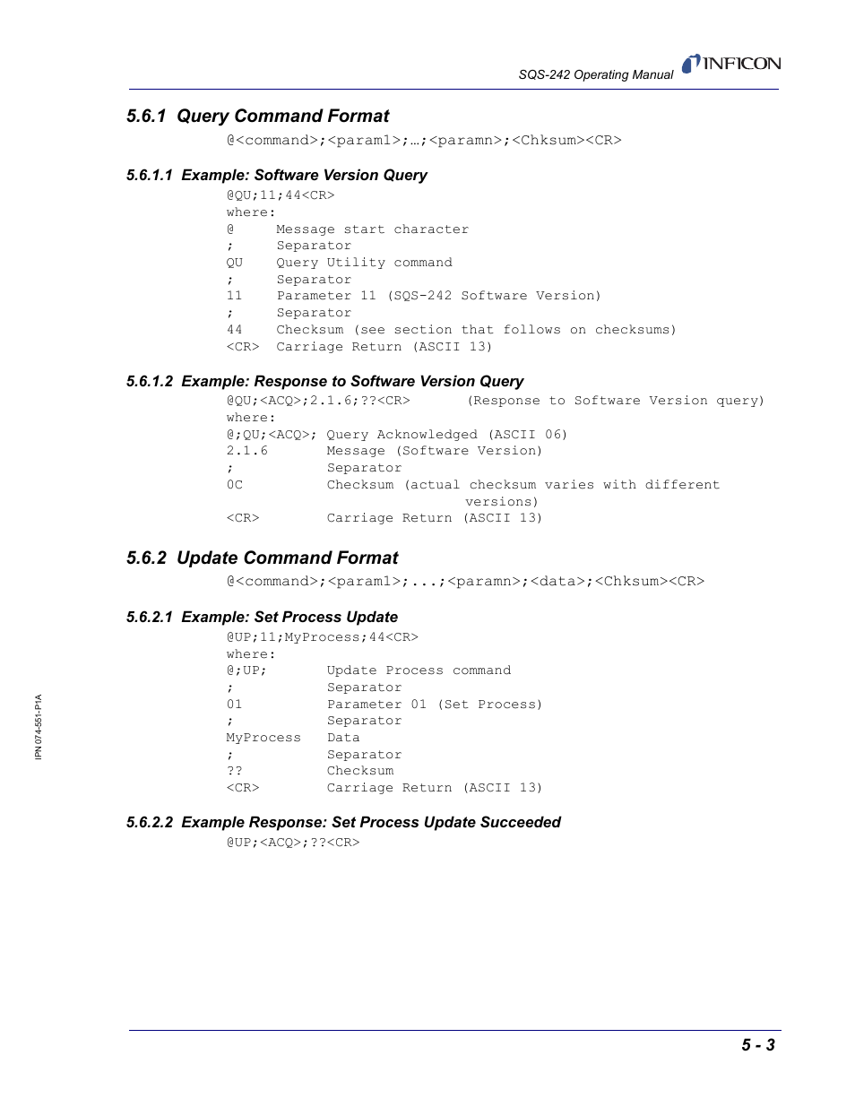 1 query command format, 1 example: software version query, 2 example: response to software version query | 2 update command format, 1 example: set process update, 2 example response: set process update succeeded | INFICON SQM-242 Thin Film Deposition Controller Card Software Operating Manual User Manual | Page 77 / 84