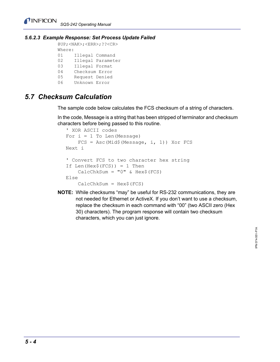 3 example response: set process update failed, 7 checksum calculation | INFICON SQM-242 Thin Film Deposition Controller Card Software Operating Manual User Manual | Page 78 / 84