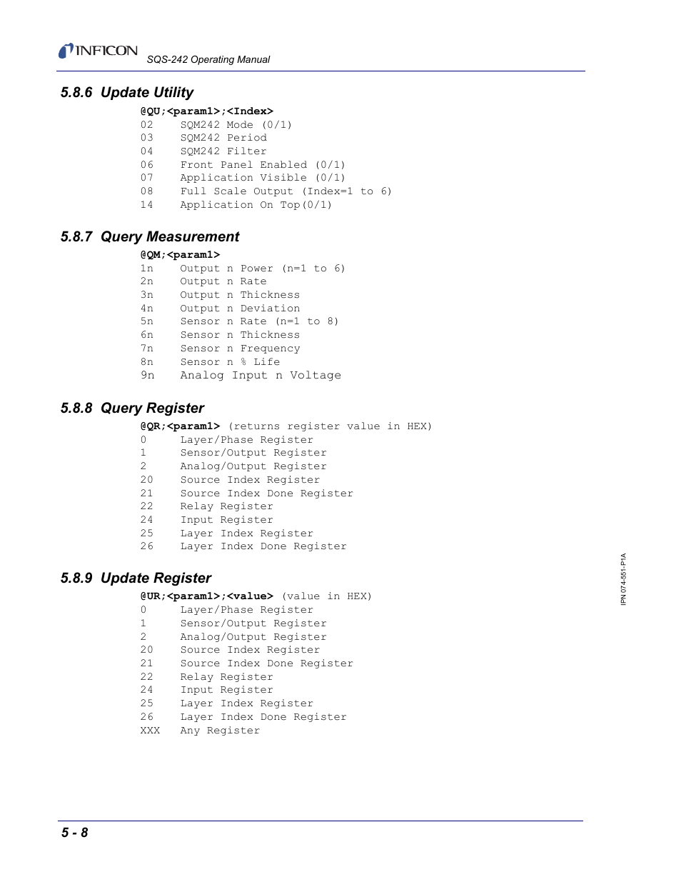 6 update utility, 7 query measurement, 8 query register | 9 update register | INFICON SQM-242 Thin Film Deposition Controller Card Software Operating Manual User Manual | Page 82 / 84