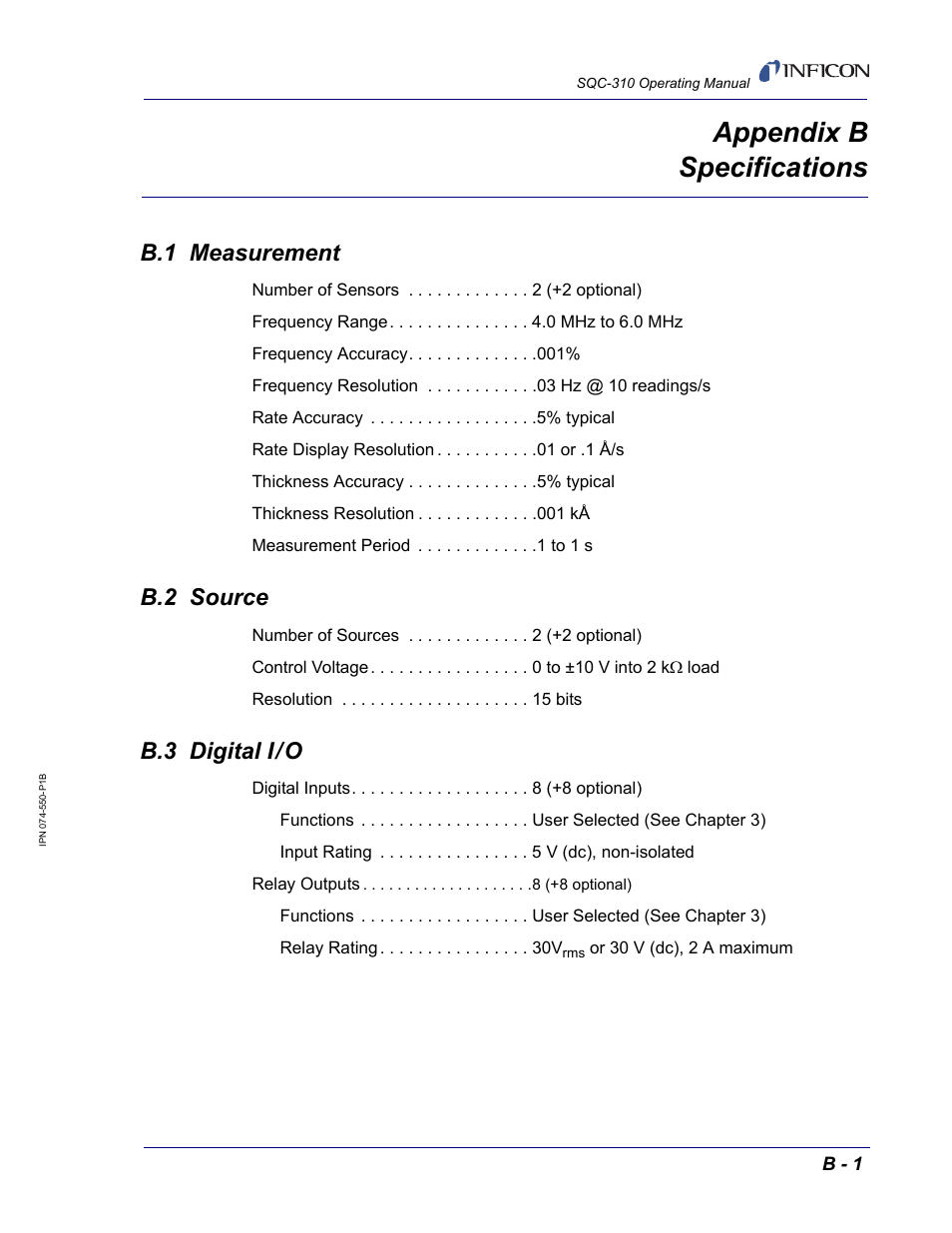 Appendix b specifications, B.1 measurement, B.2 source | B.3 digital i/o, Appendix b | INFICON SQC-310 Thin Film Deposition Controller User Manual | Page 113 / 120