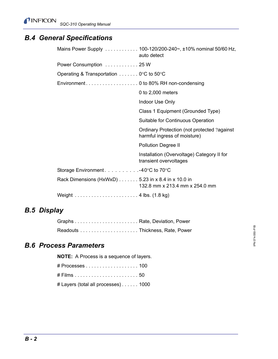 B.4 general specifications, B.5 display, B.6 process parameters | INFICON SQC-310 Thin Film Deposition Controller User Manual | Page 114 / 120