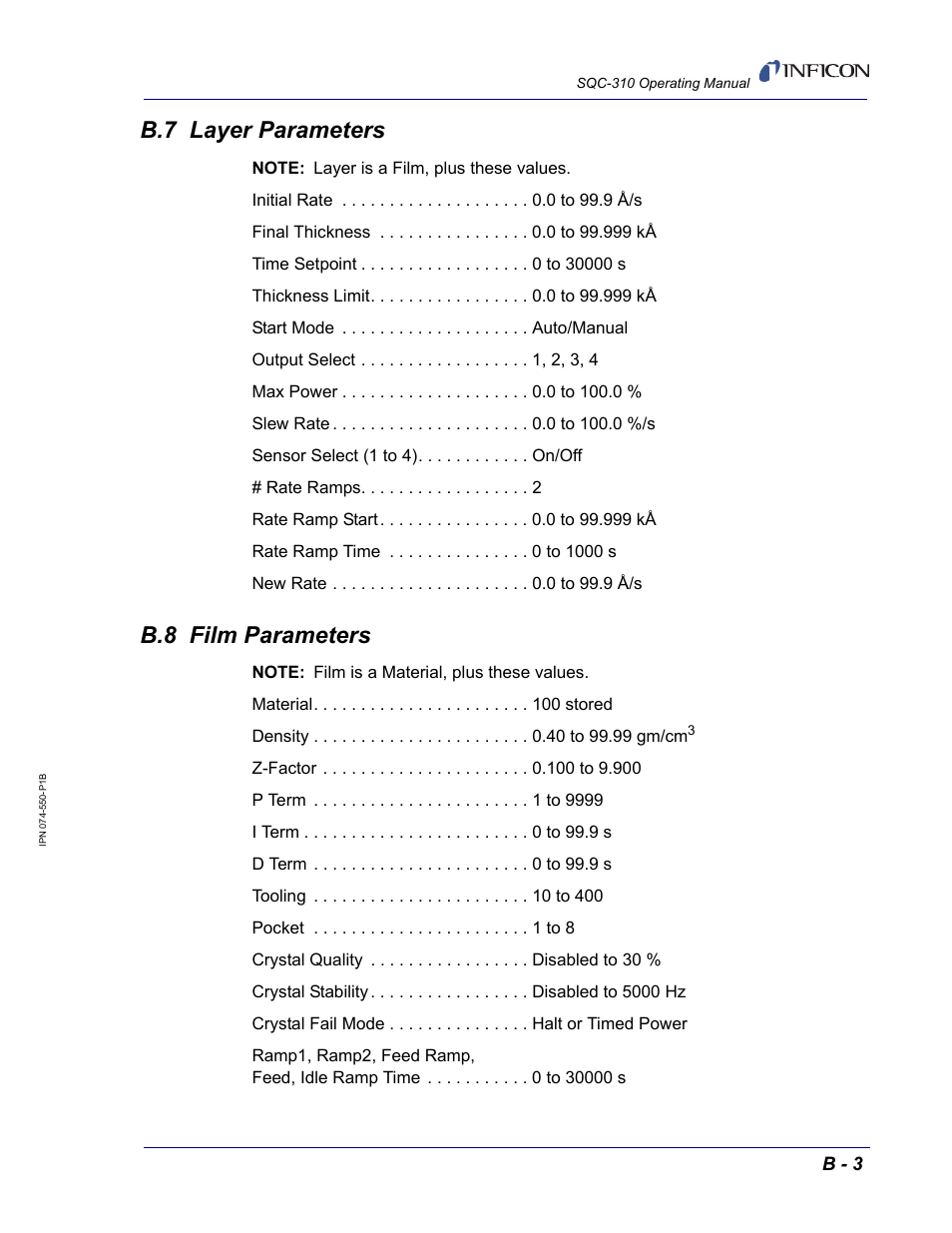 B.7 layer parameters, B.8 film parameters | INFICON SQC-310 Thin Film Deposition Controller User Manual | Page 115 / 120