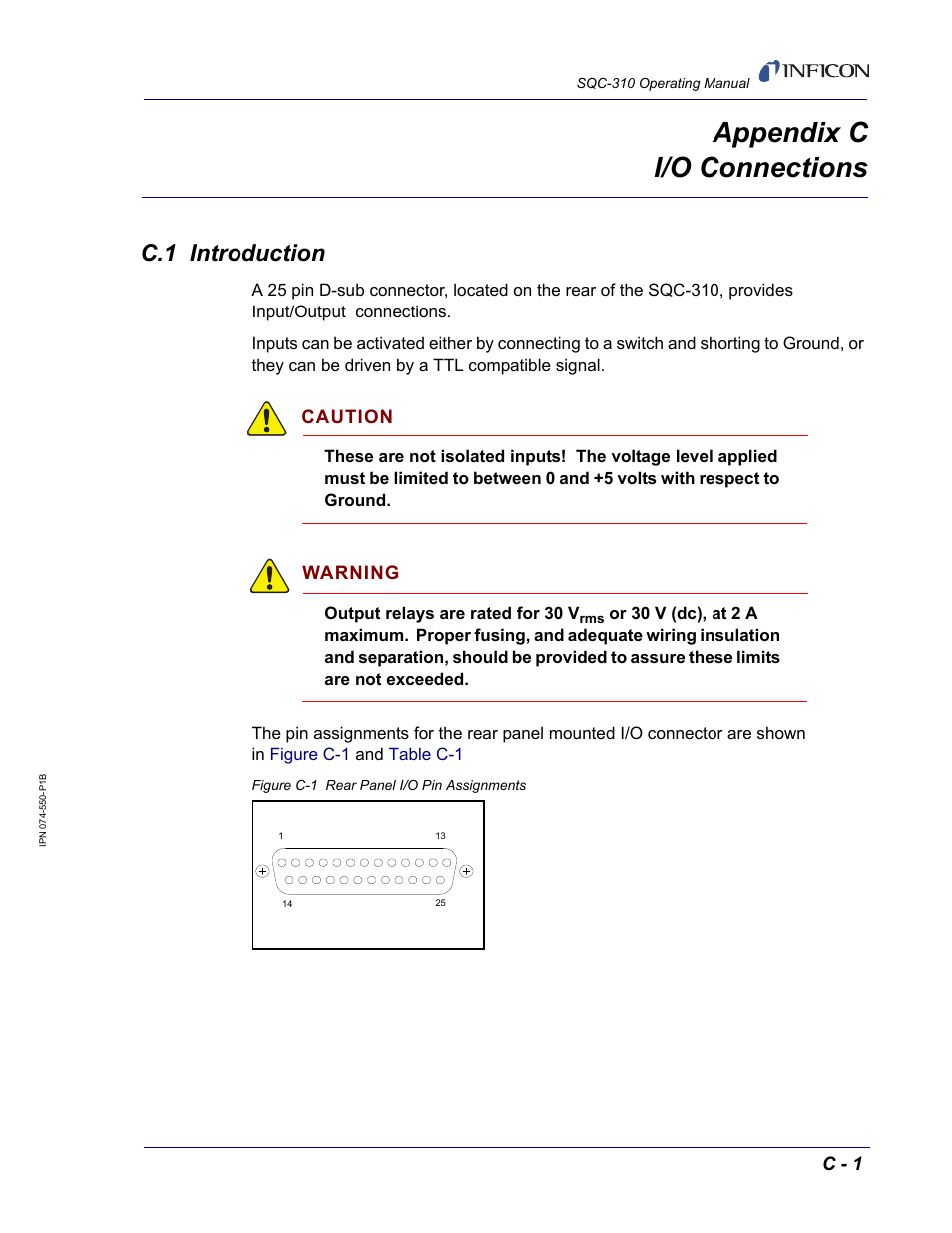 Appendix c i/o connections, C.1 introduction, Appendix c | INFICON SQC-310 Thin Film Deposition Controller User Manual | Page 117 / 120