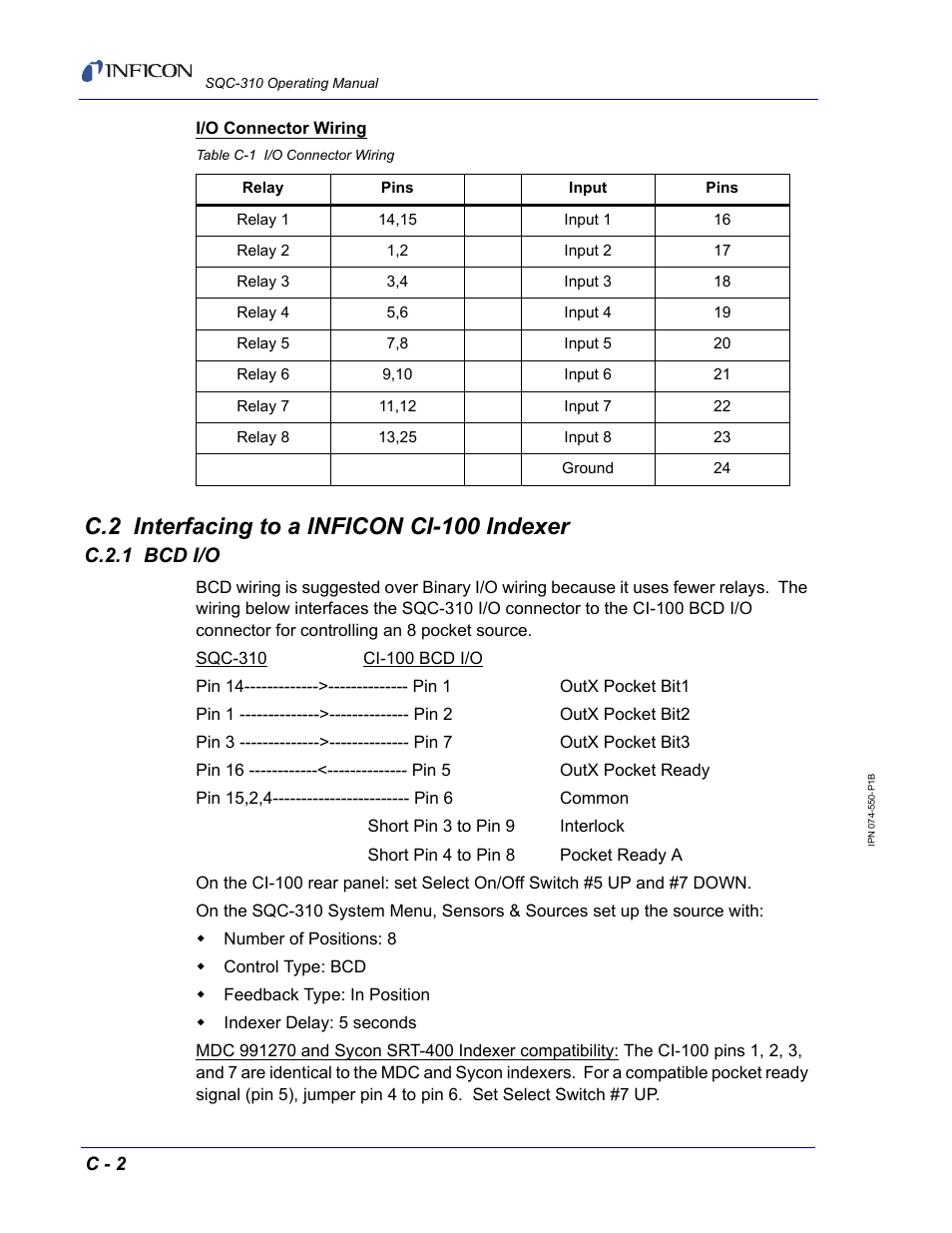 C.2 interfacing to a inficon ci-100 indexer, C.2.1 bcd i/o, C.2.1 | INFICON SQC-310 Thin Film Deposition Controller User Manual | Page 118 / 120