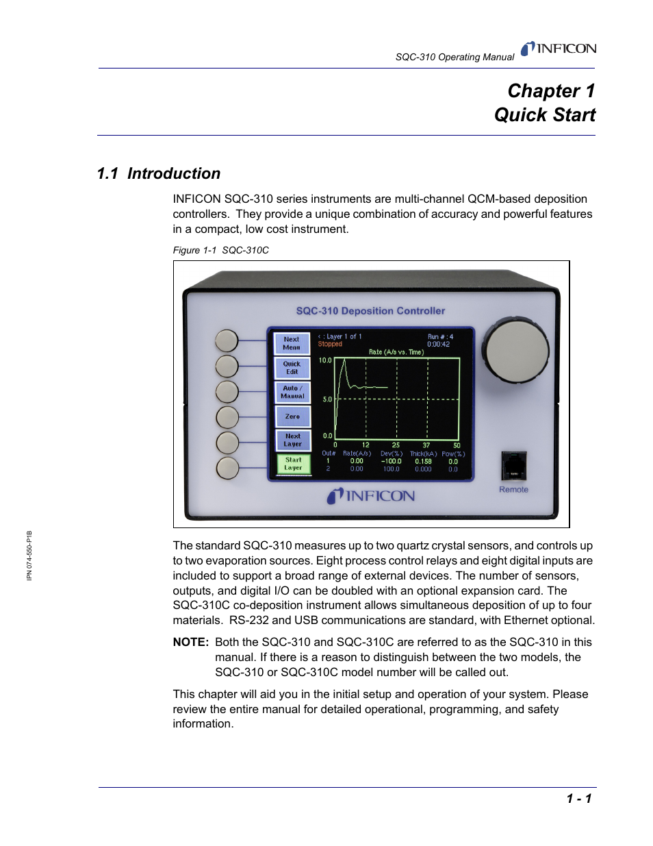 Chapter 1 quick start, 1 introduction, Chapter 1 | INFICON SQC-310 Thin Film Deposition Controller User Manual | Page 13 / 120