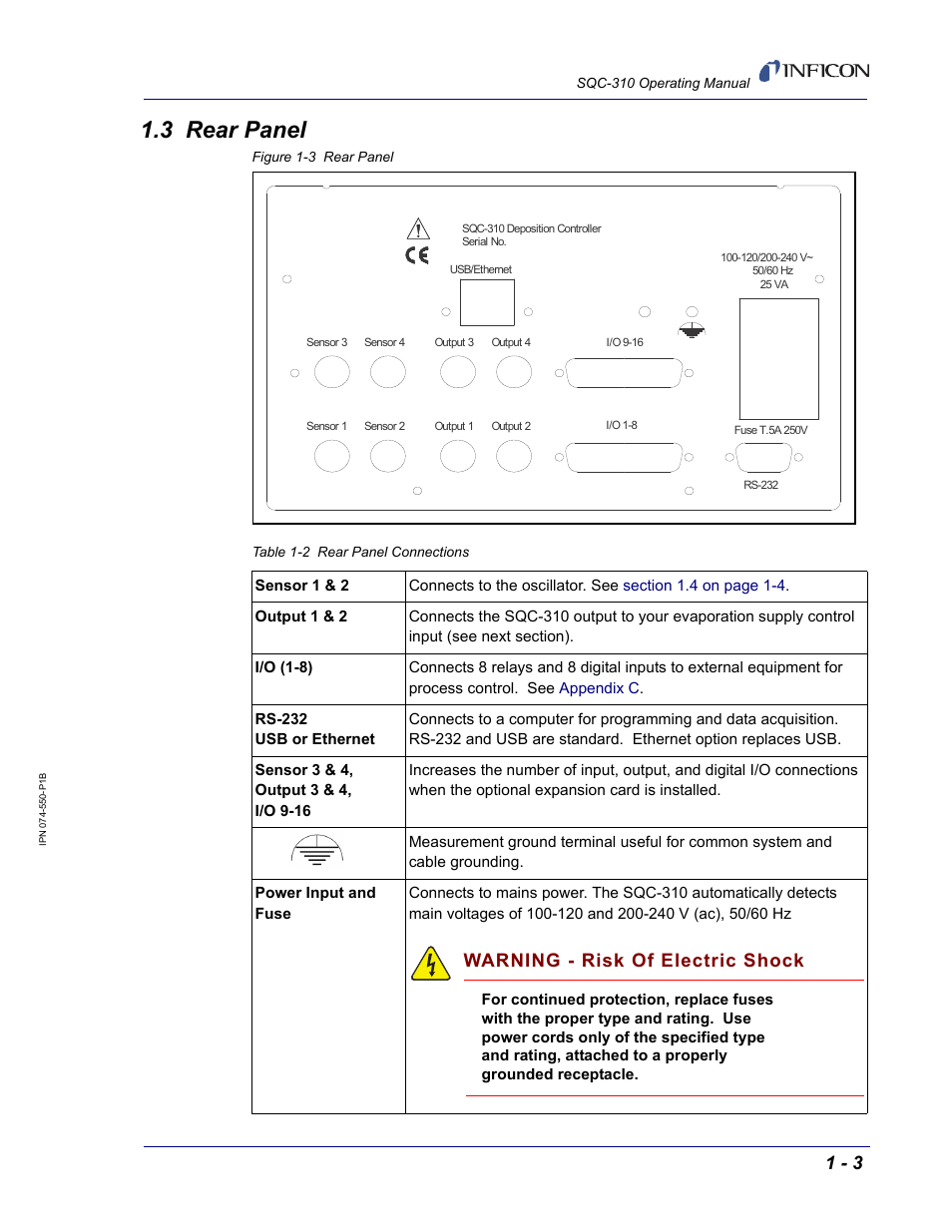 3 rear panel, Warning - risk of electric shock | INFICON SQC-310 Thin Film Deposition Controller User Manual | Page 15 / 120