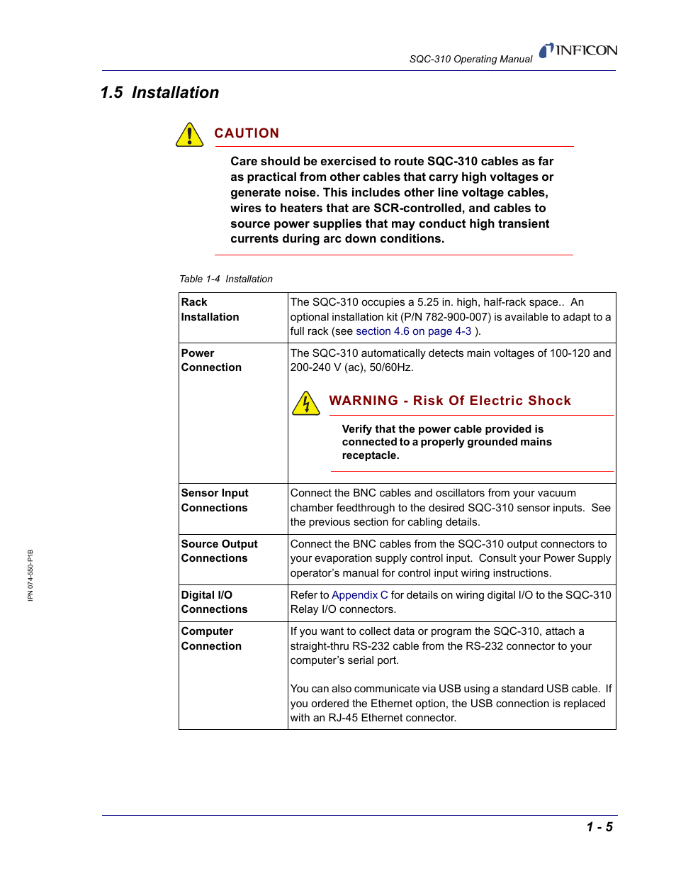 5 installation, Caution, Warning - risk of electric shock | INFICON SQC-310 Thin Film Deposition Controller User Manual | Page 17 / 120