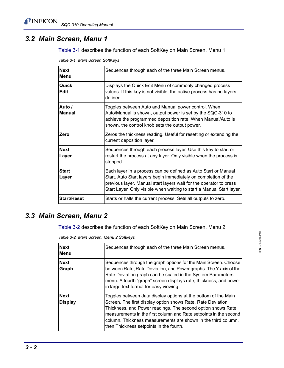 2 main screen, menu 1, 3 main screen, menu 2 | INFICON SQC-310 Thin Film Deposition Controller User Manual | Page 44 / 120