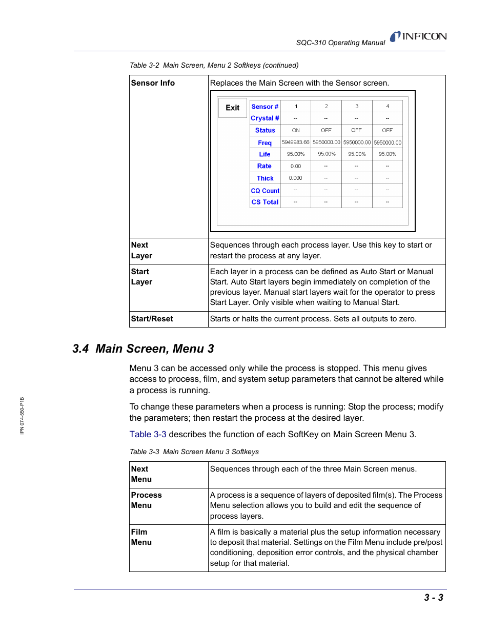 4 main screen, menu 3 | INFICON SQC-310 Thin Film Deposition Controller User Manual | Page 45 / 120