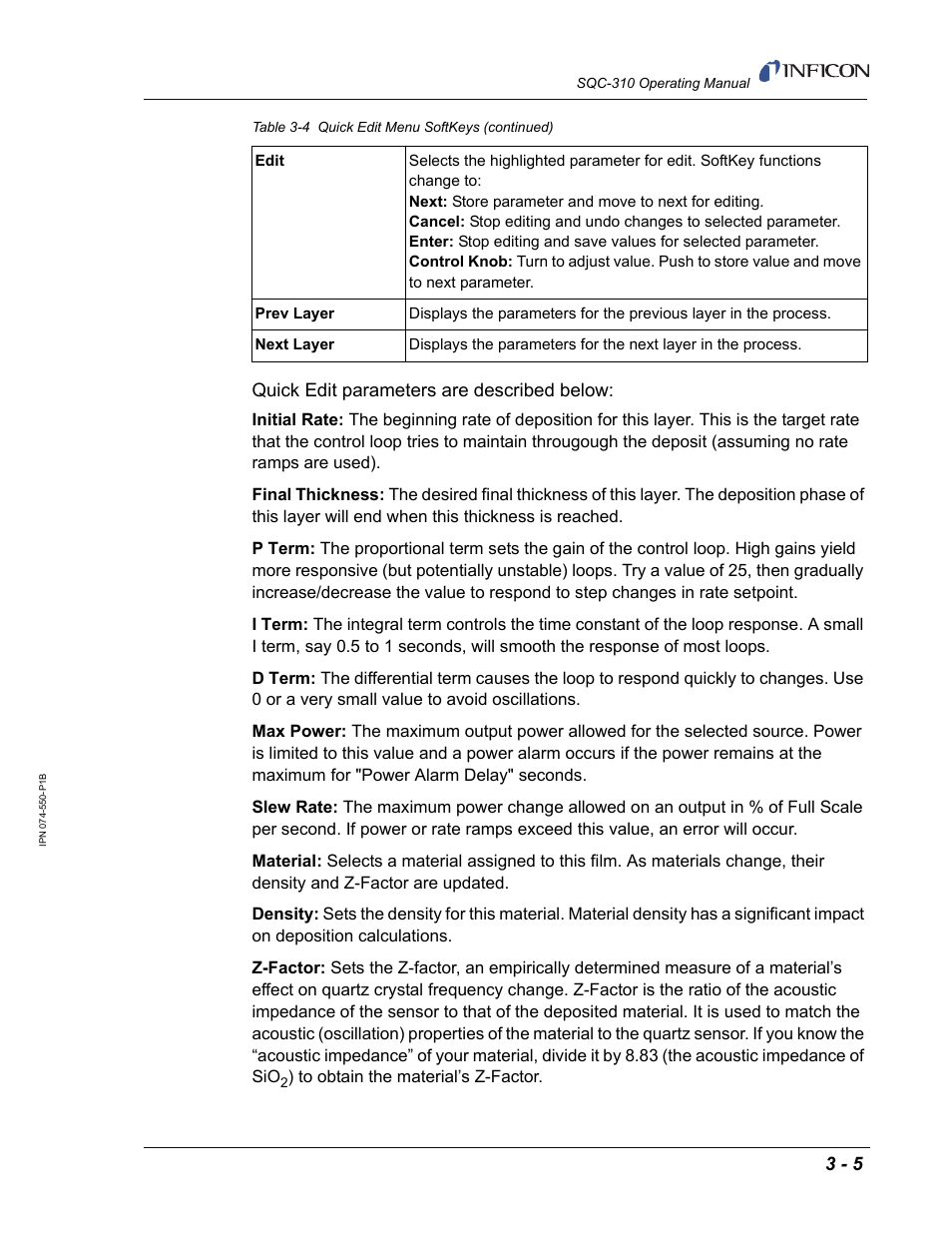 Quick edit parameters are described below | INFICON SQC-310 Thin Film Deposition Controller User Manual | Page 47 / 120
