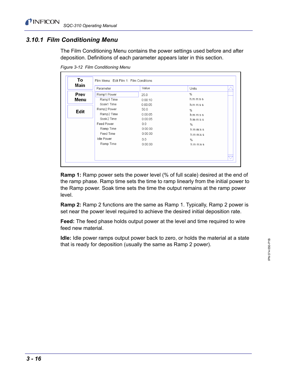 1 film conditioning menu, Section 3.10.1 | INFICON SQC-310 Thin Film Deposition Controller User Manual | Page 58 / 120