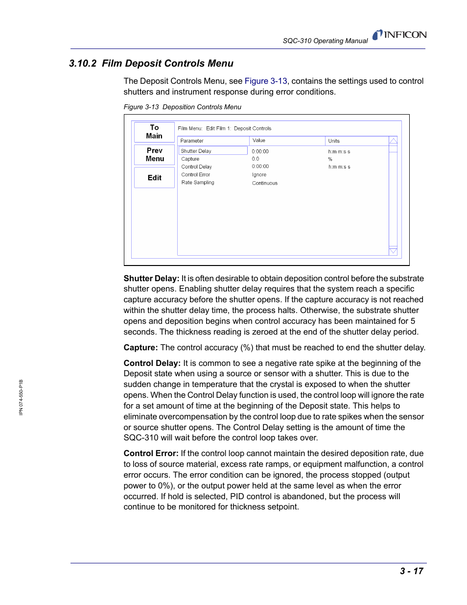 2 film deposit controls menu, Section 3.10.2 | INFICON SQC-310 Thin Film Deposition Controller User Manual | Page 59 / 120