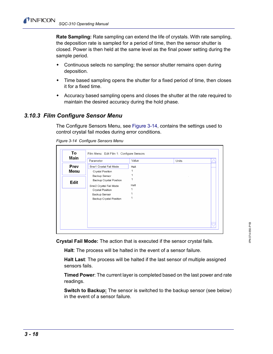 3 film configure sensor menu, Section 3.10.3 | INFICON SQC-310 Thin Film Deposition Controller User Manual | Page 60 / 120