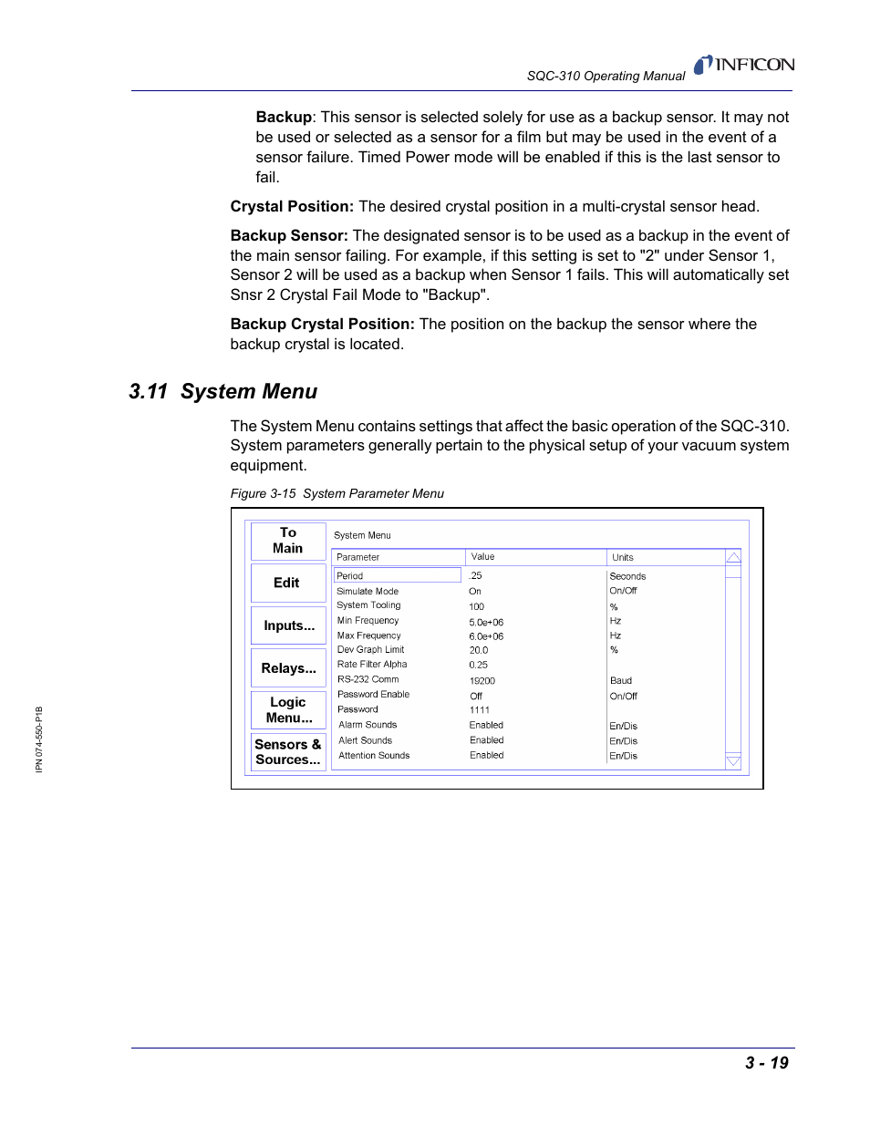 11 system menu, System menu, see section 3.11 | INFICON SQC-310 Thin Film Deposition Controller User Manual | Page 61 / 120