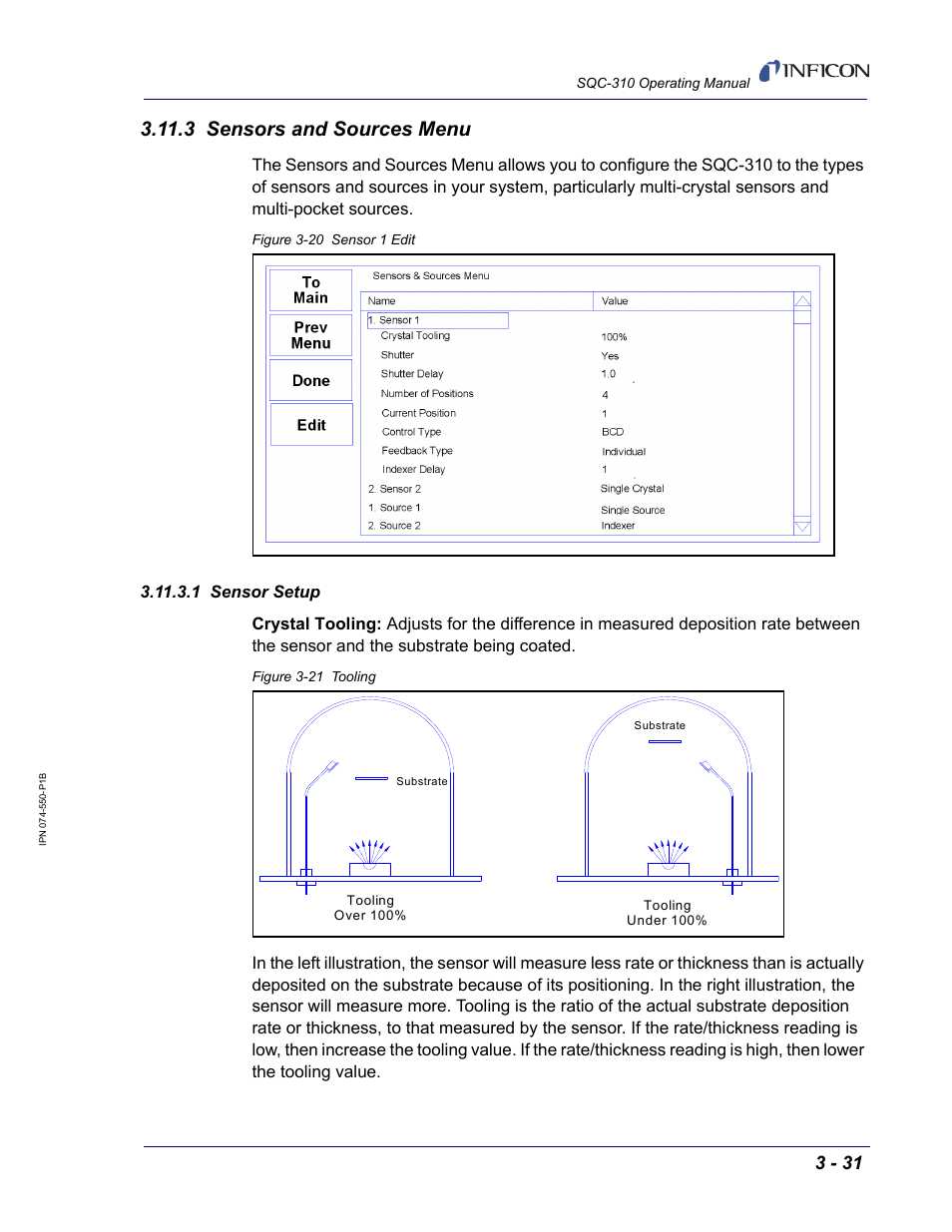 3 sensors and sources menu, 1 sensor setup, Sensors and | Sources menu, see section 3.11.3, For det | INFICON SQC-310 Thin Film Deposition Controller User Manual | Page 73 / 120