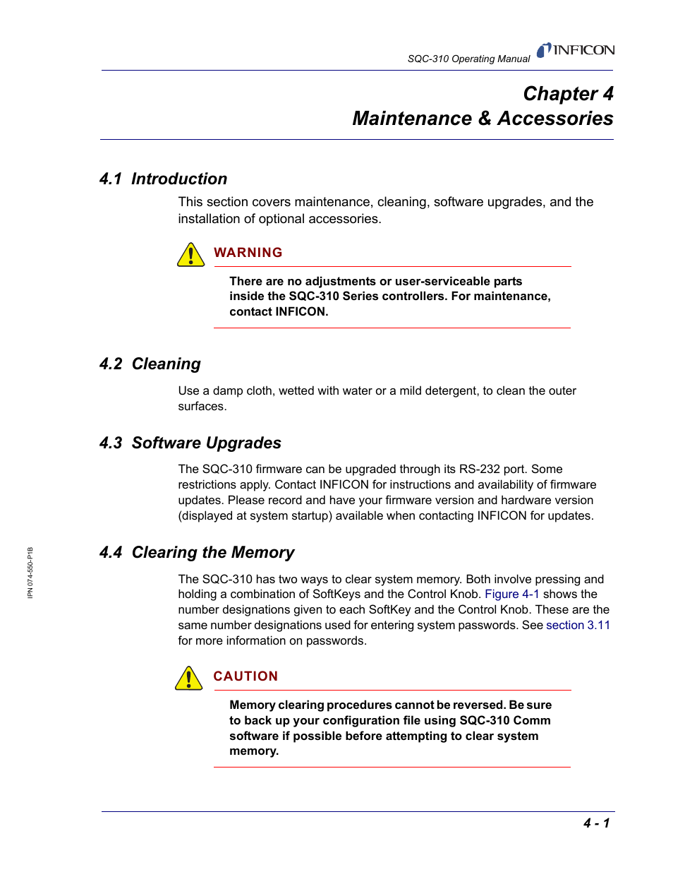 Chapter 4 maintenance & accessories, 1 introduction, 2 cleaning | 3 software upgrades, 4 clearing the memory, Chapter 4 | INFICON SQC-310 Thin Film Deposition Controller User Manual | Page 77 / 120