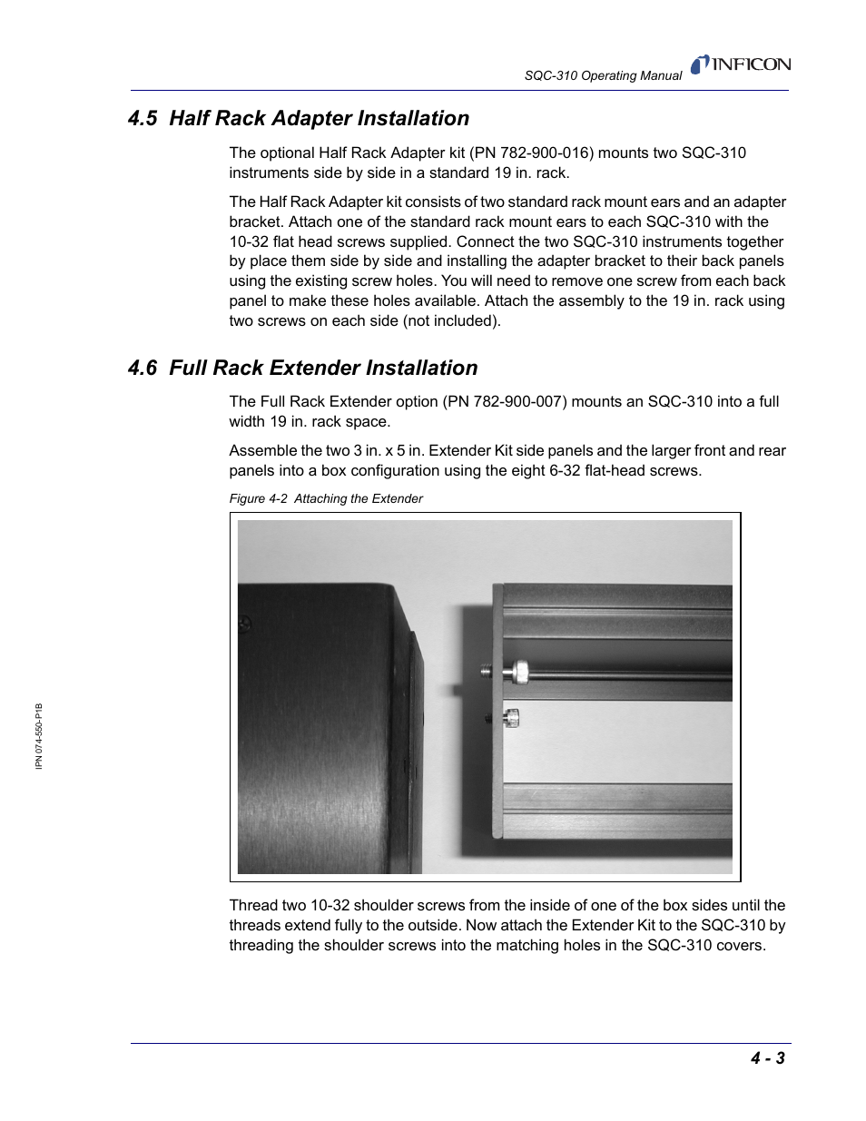 5 half rack adapter installation, 6 full rack extender installation | INFICON SQC-310 Thin Film Deposition Controller User Manual | Page 79 / 120