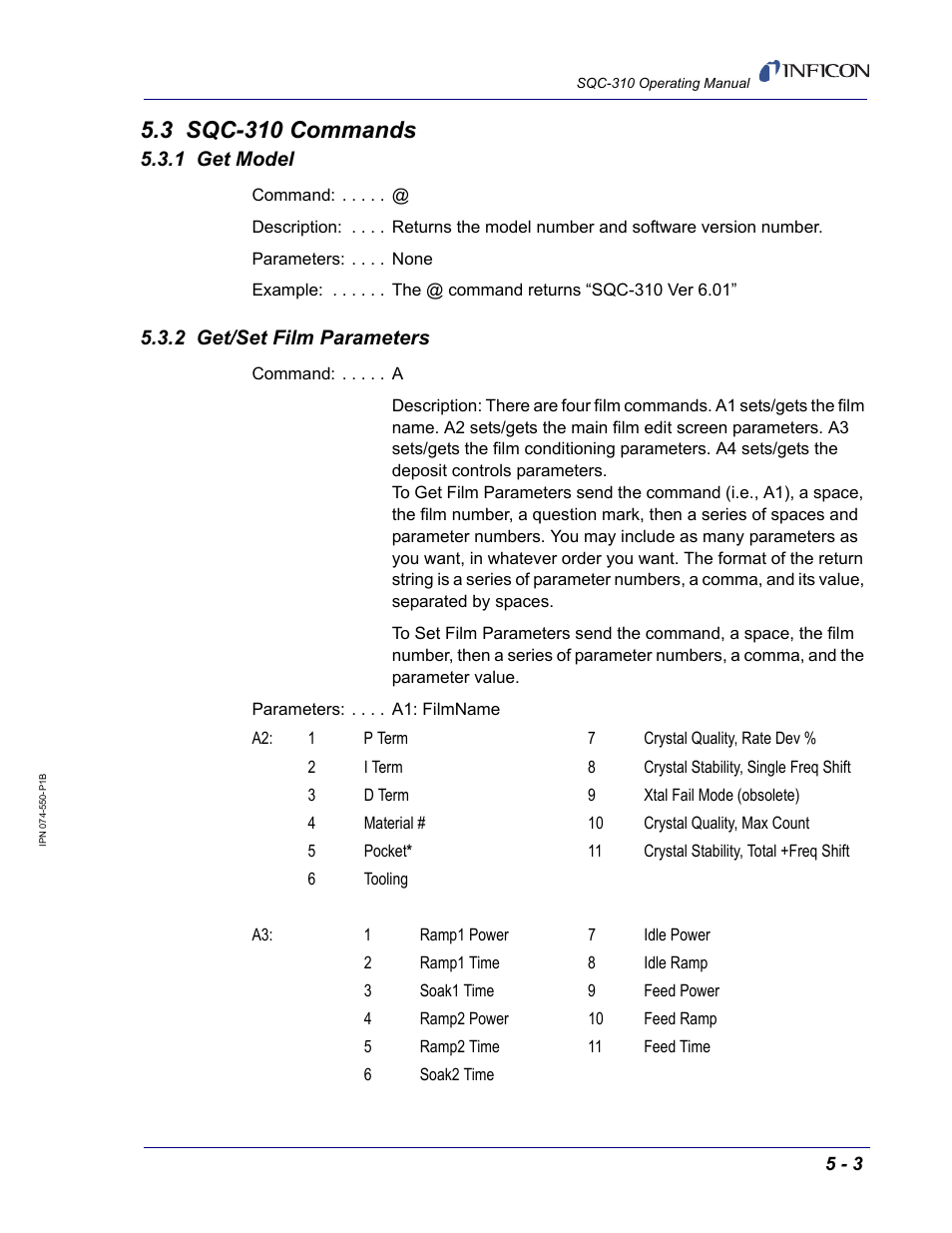 3 sqc-310 commands, 1 get model, 2 get/set film parameters | INFICON SQC-310 Thin Film Deposition Controller User Manual | Page 83 / 120