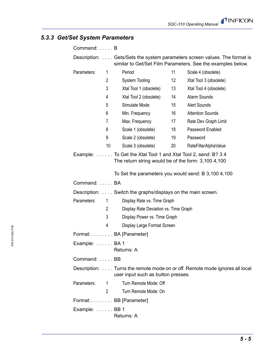 3 get/set system parameters, Section 5.3.3, get/set system, For p | INFICON SQC-310 Thin Film Deposition Controller User Manual | Page 85 / 120
