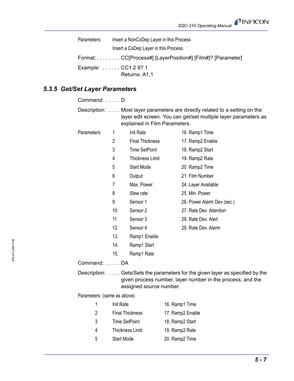 5 get/set layer parameters | INFICON SQC-310 Thin Film Deposition Controller User Manual | Page 87 / 120