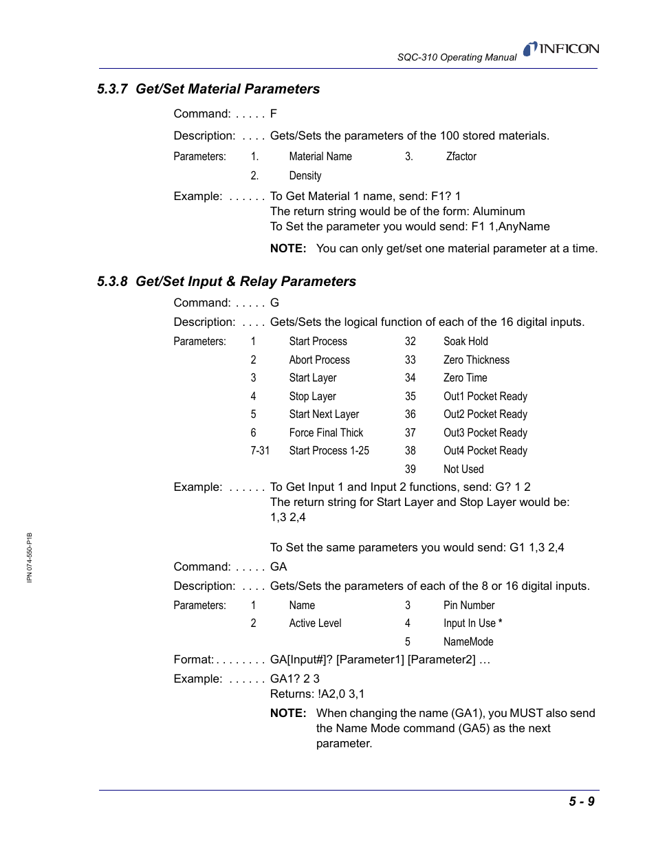 7 get/set material parameters, 8 get/set input & relay parameters | INFICON SQC-310 Thin Film Deposition Controller User Manual | Page 89 / 120