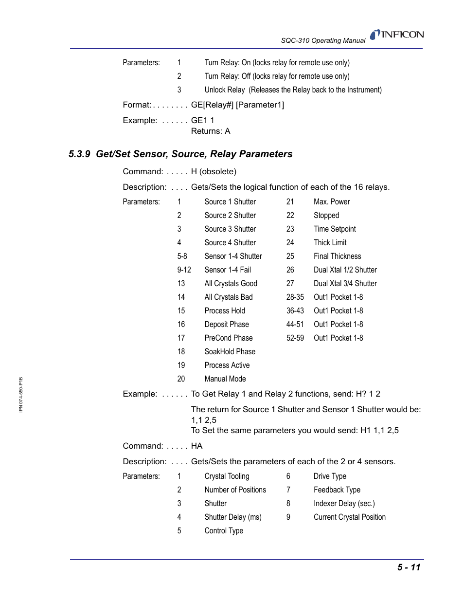 9 get/set sensor, source, relay parameters | INFICON SQC-310 Thin Film Deposition Controller User Manual | Page 91 / 120
