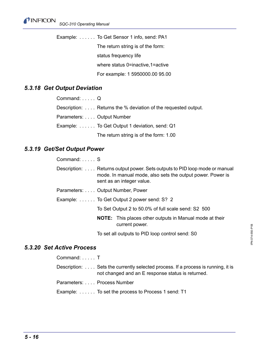 18 get output deviation, 19 get/set output power, 20 set active process | INFICON SQC-310 Thin Film Deposition Controller User Manual | Page 96 / 120