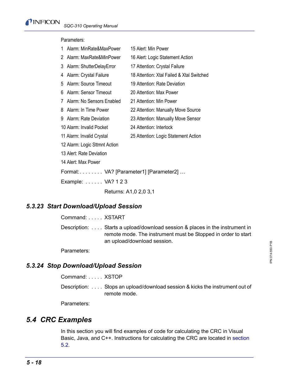 23 start download/upload session, 24 stop download/upload session, 4 crc examples | INFICON SQC-310 Thin Film Deposition Controller User Manual | Page 98 / 120