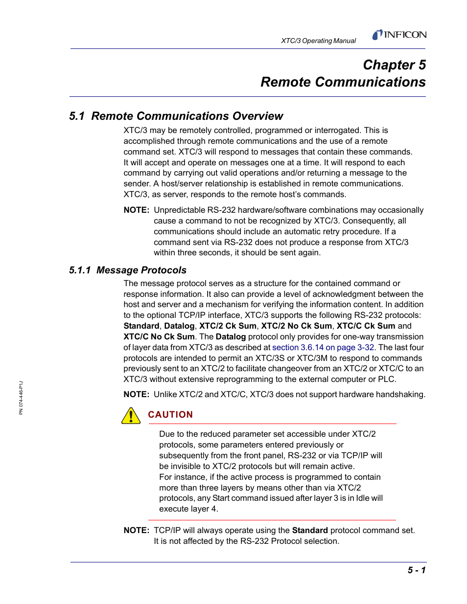 Chapter 5 remote communications, 1 remote communications overview, 1 message protocols | Chapter 5, Remote communications | INFICON XTC/3 Thin Film Deposition Controller Operating Manual User Manual | Page 113 / 216