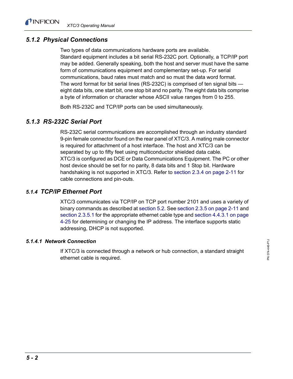 2 physical connections, 3 rs-232c serial port, 4 tcp/ip ethernet port | 1 network connection, Tcp/ip ethernet port | INFICON XTC/3 Thin Film Deposition Controller Operating Manual User Manual | Page 114 / 216