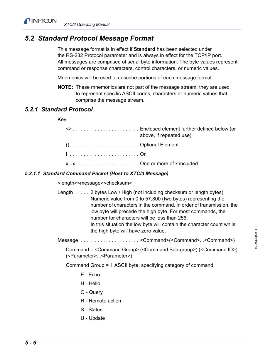 2 standard protocol message format, 1 standard protocol, 1 standard command packet (host to xtc/3 message) | Section 5.2 | INFICON XTC/3 Thin Film Deposition Controller Operating Manual User Manual | Page 118 / 216