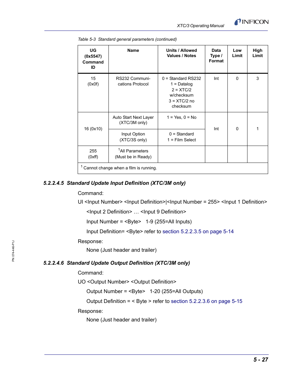 5 standard update input definition (xtc/3m only), 6 standard update output definition (xtc/3m only) | INFICON XTC/3 Thin Film Deposition Controller Operating Manual User Manual | Page 139 / 216